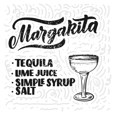 Bardaklı kokteylin adı. Kart afişi için şablon ve bar menüsü ve restoran için poster. Vektör illüstrasyonu