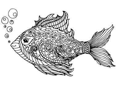 Zen arapsaçı, soyut bir balık, beyaz arka planda izole edilmiş. Yetişkinlere özgü anti-stres boyama sayfası, tişört amblemi, logo, karalama dövmesi, zen karmaşası, çiçek unsurları için el çizimi..