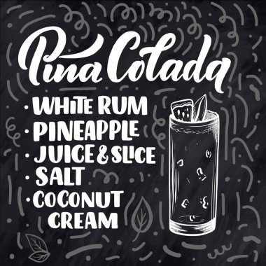 Bardaklı kokteylin adı. Kart afişi için şablon ve bar menüsü ve restoran için poster. Vektör illüstrasyonu