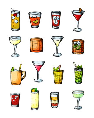 Alkolik içkiler hazır. Bir bardak kokteyl. İzole edilmiş siyah-beyaz oyma. Çizim sanatı, renkli çizgi film tarzı. El çizimi. Vektör illüstrasyonu