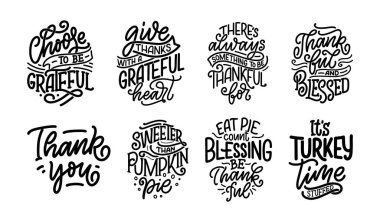 Şükran Günü için el yazısı alıntıları. Tipografik tasarım. Tebrik kartı, poster ya da baskı şablonu. Sonbahar konsepti. Vektör İllüstrasyonu