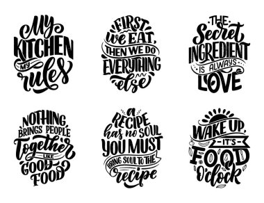 Elle çizilmiş eşsiz tipografi tarzıyla, tebrik kartları, dekorasyon, baskılar ve posterler için elementlerle ayarlayın. Yemek ve yemek hakkında el yazısıyla yazılmış mektuplar. Vektör illüstrasyonu