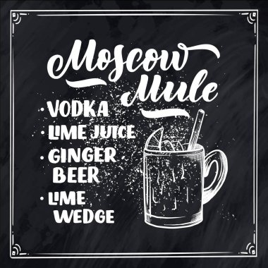 Bardaklı kokteylin adı. Kart afişi için şablon ve bar menüsü ve restoran için poster. Vektör illüstrasyonu