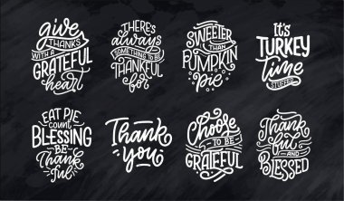 Şükran Günü için el yazısı alıntıları. Tipografik tasarım. Tebrik kartı, poster ya da baskı şablonu. Sonbahar konsepti. Vektör İllüstrasyonu