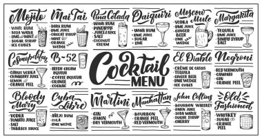 Kokteyl tarifleri seti. Kart afişi için şablon ve bar menüsü ve restoran için poster. Vektör illüstrasyonu