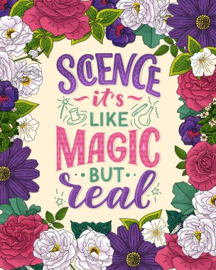 Bilim hakkındaki konsept tasarımı için eğlenceli sloganı olan eskiz afişi. El çizimi çizimi. Modern el yazısı alıntısı. Typography tee baskı tasarımı. Çocuk modası için şirin harfler..