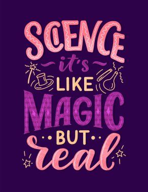 Bilim hakkındaki konsept tasarımı için eğlenceli sloganı olan eskiz afişi. El çizimi çizimi. Modern el yazısı alıntısı. Typography tee baskı tasarımı. Çocuk modası için şirin harfler. Vektör