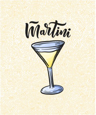 Bardaklı kokteylin adı. Kart afişi için şablon ve bar menüsü ve restoran için poster. Vektör illüstrasyonu