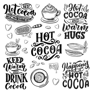 Sıcak kakaolu el yazısı seti, bir fincan kakao, marşmelov. Kafe, bar ve restoran için el çizimi Noel tabelası. Vektör illüstrasyonu