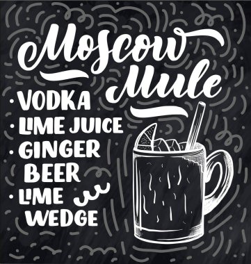 Bardaklı kokteylin adı. Kart afişi için şablon ve bar menüsü ve restoran için poster. Vektör illüstrasyonu