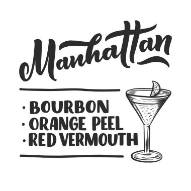 Kokteyl tarifinin harfleri. Kart afişi için şablon ve bar menüsü ve restoran için poster. Vektör illüstrasyonu