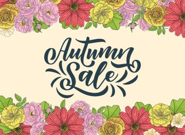 Merhaba sonbahar. El yazısı ve fırça kalem harfleri. Bayram tebrik kartı ve mevsimlik sonbahar tatili davetiyesi tasarımı. Vektör