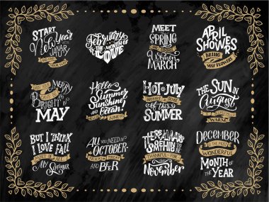 Her ay için vektör bileşimleri kümesi, takvim, planlama şablonu. Takvim tasarımı ve illüstrasyon için el çizimi harfleri