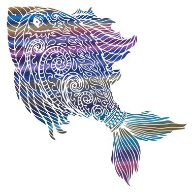 Zen arapsaçı, soyut bir balık, beyaz arka planda izole edilmiş. Tişört amblemi, logo, karalama dövmesi, zen karmaşası, çiçek unsurları..