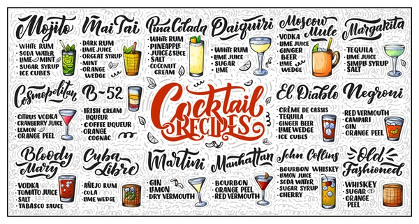 Kokteyl tarifleri seti. Kart afişi için şablon ve bar menüsü ve restoran için poster. Vektör illüstrasyonu