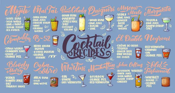 Schriftzug Reihe Von Cocktails Rezepte Vorlage Für Kartenbanner Und Poster — Stockvektor