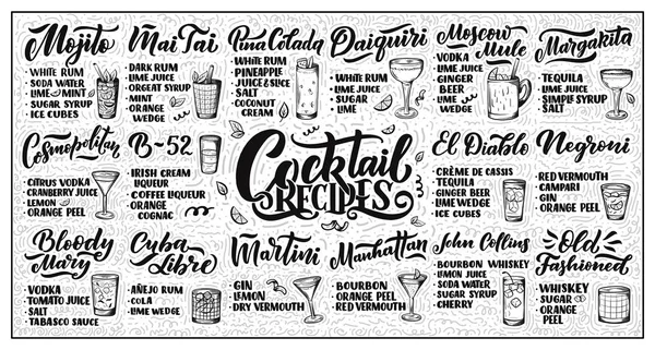 Schriftzug Reihe Von Cocktails Rezepte Vorlage Für Kartenbanner Und Poster — Stockvektor