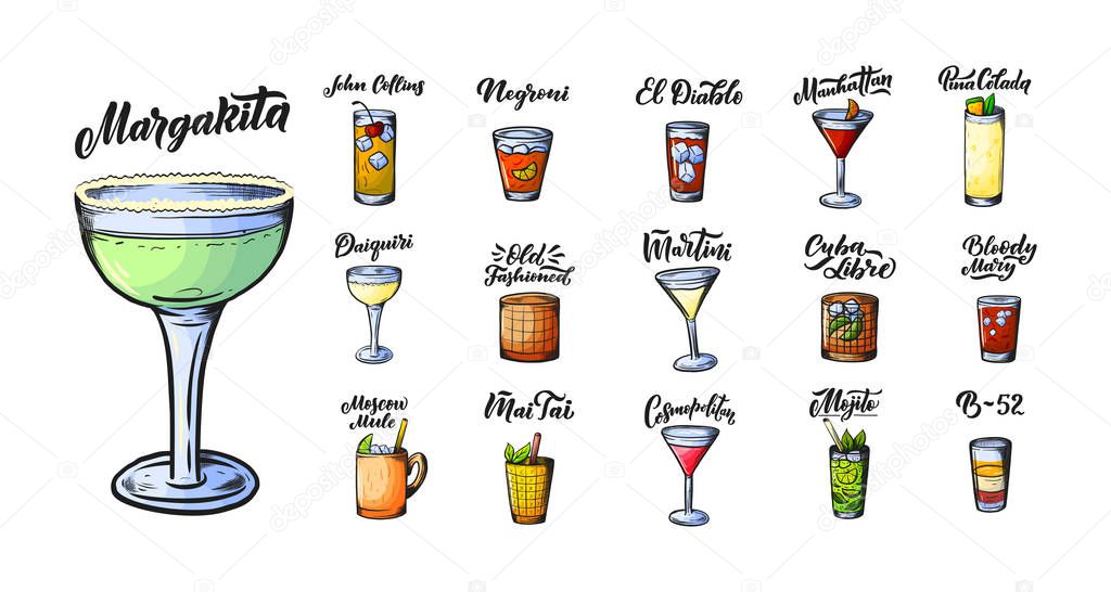 Alcoholic drinks set. Glass of cocktails. Isolated black and white vintage engraving. Sketch art, coloring cartoon style. Hand drawing. Vector illustration