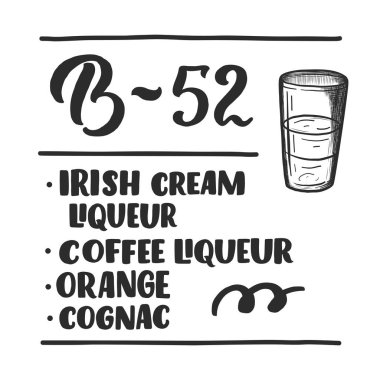 Kokteyl tarifinin harfleri. Kart afişi için şablon ve bar menüsü ve restoran için poster. Vektör illüstrasyonu