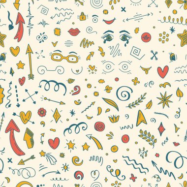 Soyut oklarla kusursuz desen ve kavram tasarımı için elde çizilmiş diğer elementler. Karalama çizimi. Çocuk modası ve tekstil için komik bir geçmiş. Vektör şablonu