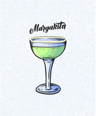 Bardaklı kokteylin adı. Kart afişi için şablon ve bar menüsü ve restoran için poster. Vektör illüstrasyonu