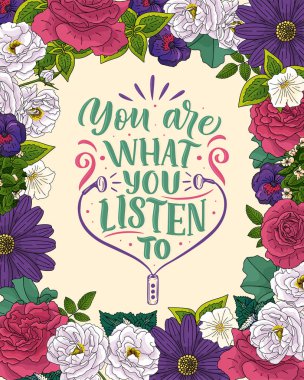 Müzikle ilgili bir alıntı. El çizimi, el yazması harflerle çizilmiş klasik bir illüstrasyon. Tişört ve çantalarda, kırtasiyede ya da poster olarak basılan ifadeler.