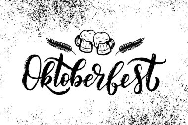 Oktoberfest logoti. Bira Festivali vektör harfleri. Bavyera Festivali 'nin dokulu arka plan tasarımı. Logo, poster, kart, kartpostal için elle çizilmiş tipografi