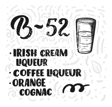 Bardaklı kokteylin adı. Kart afişi için şablon ve bar menüsü ve restoran için poster. Vektör illüstrasyonu