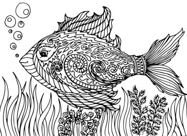 Zen arapsaçı, soyut bir balık, beyaz arka planda izole edilmiş. Yetişkinlere özgü anti-stres boyama sayfası, tişört amblemi, logo, karalama dövmesi, zen karmaşası, çiçek unsurları için el çizimi..