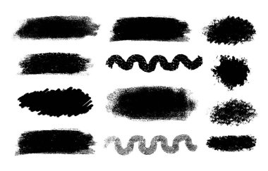 Vektör grunge sanatsal fırça darbeleri, tasarım öğeleri kümesi. Boş siyah arka plan, metin veya teklif için çerçeveler.