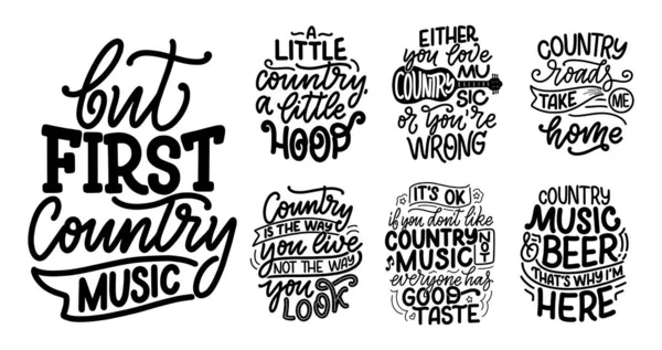 Definir com letras Country Music citações para festival cartaz evento ao vivo Conceito. Ilustração texturizada. slogans engraçados para design de impressão cowboy . —  Vetores de Stock