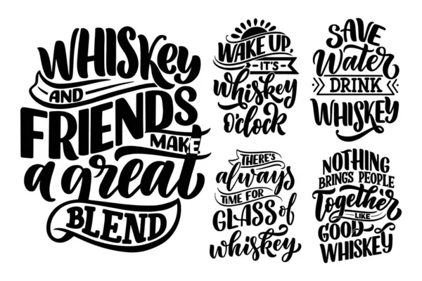 Set con comillas de letras sobre whisky en estilo vintage. Carteles caligráficos para impresión de camiseta. Eslóganes dibujados a mano para el diseño del menú de pub o bar. Vector — Archivo Imágenes Vectoriales