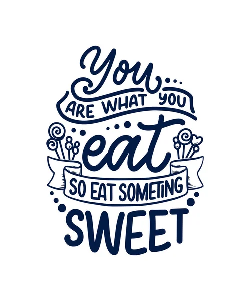 Grappig gezegde, inspirerende quote voor café of bakkerij print. Gegrafeerde tape en borstelkalligrafie. Dessert belettering slogan in handgetekende stijl. Vector — Stockvector