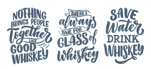 Set con comillas de letras sobre whisky en estilo vintage. Carteles caligráficos para impresión de camiseta. Eslóganes dibujados a mano para el diseño del menú de pub o bar. Vector — Archivo Imágenes Vectoriales