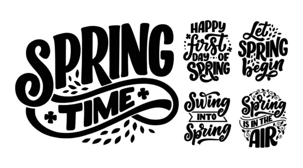 春時間のレタリンググリーティングカードで設定します。楽しい季節のスローガン。プロモーションや販売のデザインのためのタイポグラフィのポスターやバナー。書跡。ベクトル — ストックベクタ