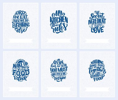 Elle çizilmiş eşsiz tipografi tarzıyla, tebrik kartları, dekorasyon, baskılar ve posterler için elementlerle ayarlayın. Yemek ve yemek hakkında el yazısıyla yazılmış mektuplar. Vektör illüstrasyonu