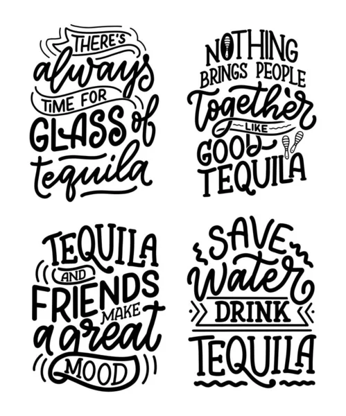 Set con comillas de letras sobre tequila en estilo vintage. Carteles caligráficos para impresión de camiseta. Eslóganes dibujados a mano para el diseño del menú de pub o bar. Vector — Vector de stock