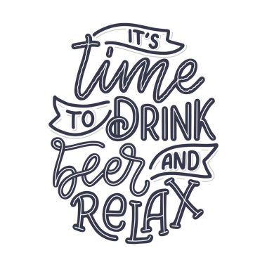 Bira hakkında klasik tarzda alıntı yapan bir poster. Kaligrafik pankart ve tişört izi. Bar veya bar menüsü tasarımı için el çizimi pankart. Vektör illüstrasyonu