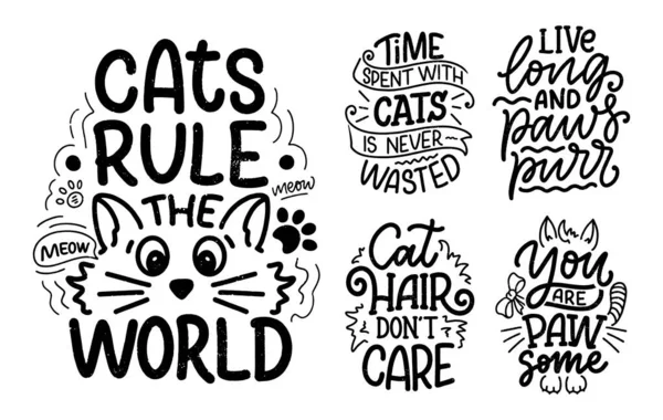 Conjunto Con Frases Graciosas Sobre Gatos Para Imprimir Estilo Dibujado — Vector de stock