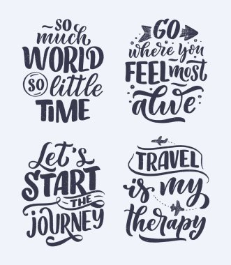 Seyahat yaşam tarzı ilham alıntıları, el çizimi harflerle hazırlanmış posterler. Parmak izleri için motivasyon tipografisi. Kaligrafi grafik tasarım öğesi. Etiket vektör illüstrasyonu