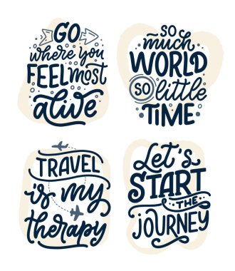 Seyahat yaşam tarzı ilham alıntıları, el çizimi harflerle hazırlanmış posterler. Parmak izleri için motivasyon tipografisi. Kaligrafi grafik tasarım öğesi. Etiket vektör illüstrasyonu