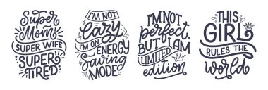 Komik el çizimi kompozisyonlarla ayarlanmış. Baskı ve poster tasarımı için havalı ifadeler. İlham verici feminizm sloganları. Kız gücü alıntıları. Tebrik kartı şablonu. Vektör illüstrasyonu
