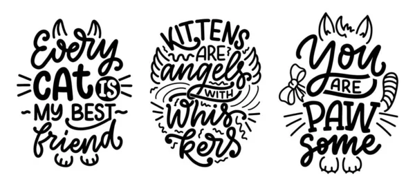 Conjunto Con Frases Graciosas Sobre Gatos Para Imprimir Estilo Dibujado — Vector de stock