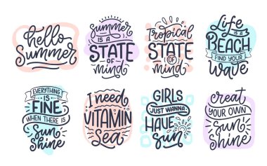 Set with hand drawn lettering compositions about Summer. Funny season slogans. Isolated calligraphy quotes for travel agency, beach party. Great design for banner, postcard, print or poster. Vector illustration vector