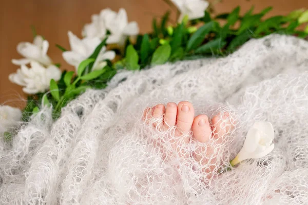 Κοντινό πλάνο εικόνα του νέο-γεννημένο μωρό πόδια στο πλεκτό ριχτάρι και ροής — Φωτογραφία Αρχείου