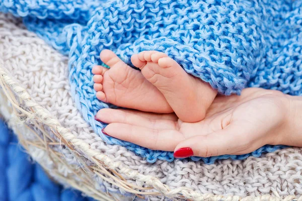 Baby feet in mother hands. Tiny Newborn Baby's feet on female Sh — Stock Photo, Image