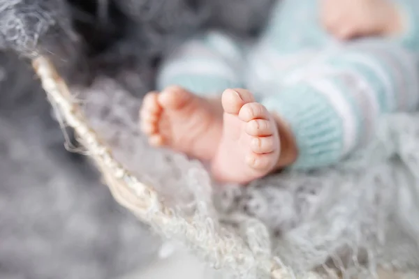 Close up picture of new born baby feet in knitted plaid — Stock Photo, Image