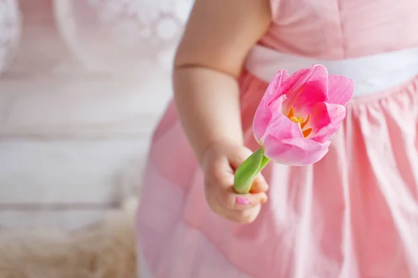 Bébé fille tenir tulipe rose avec ses doigts. Image rapprochée. Doux — Photo