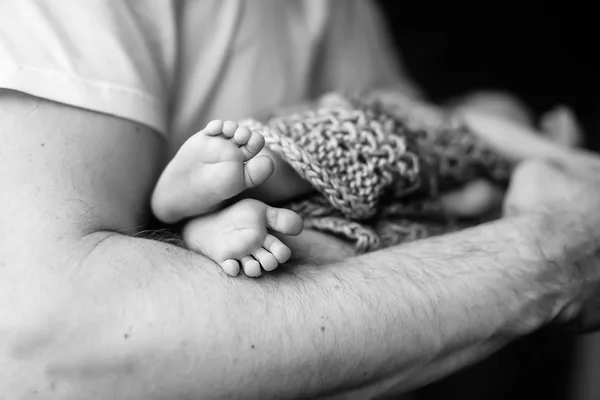 Pés de bebé nas mãos do pai. Foto em preto e branco. Pés de bebé dentro — Fotografia de Stock