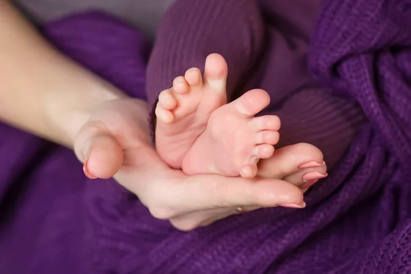 어머니 손에 아기 다리입니다. 여성 Sh에 작은 갓난 아기의 발 — 스톡 사진